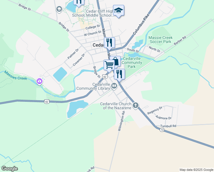 map of restaurants, bars, coffee shops, grocery stores, and more near 7 North Miller Street in Cedarville