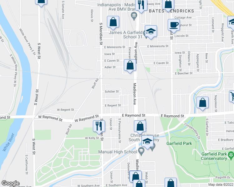 map of restaurants, bars, coffee shops, grocery stores, and more near 65 Schiller Street in Indianapolis