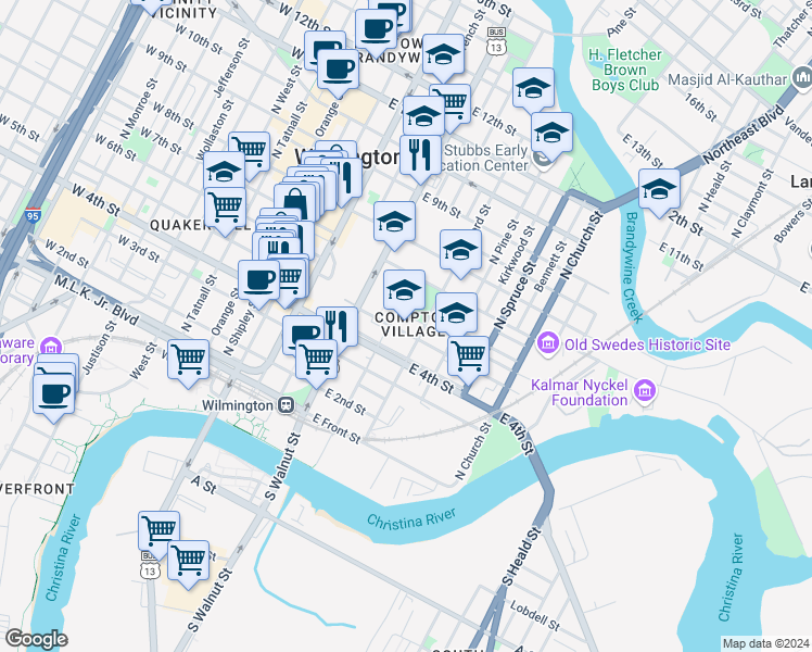 map of restaurants, bars, coffee shops, grocery stores, and more near 501 North Lombard Street in Wilmington