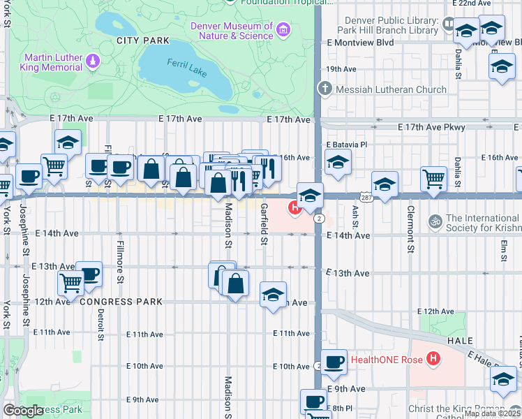 map of restaurants, bars, coffee shops, grocery stores, and more near 1463 Garfield Street in Denver