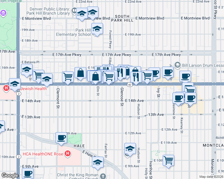 map of restaurants, bars, coffee shops, grocery stores, and more near 1468 Forest Street in Denver