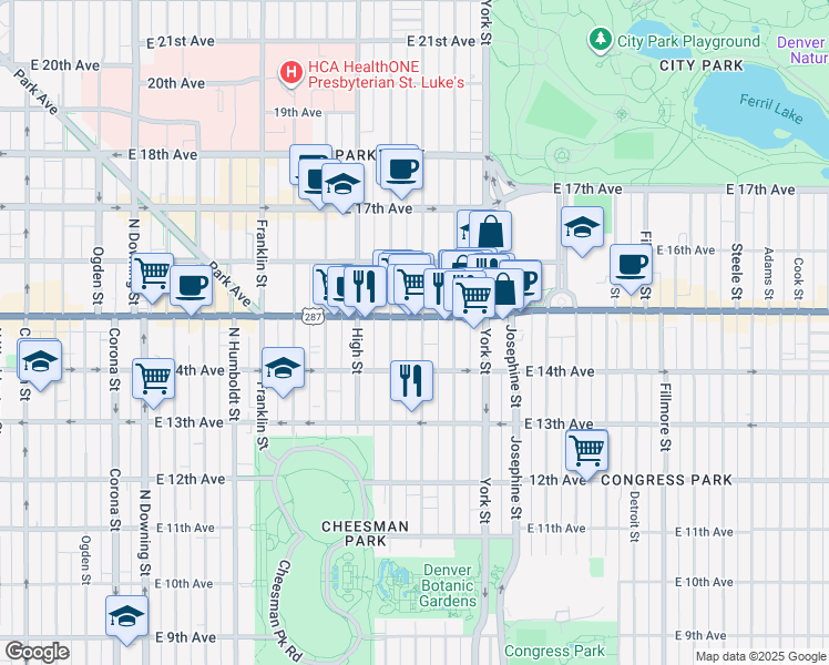 map of restaurants, bars, coffee shops, grocery stores, and more near 1455 Vine Street in Denver