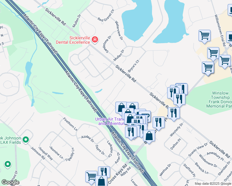 map of restaurants, bars, coffee shops, grocery stores, and more near 153 Village Green Lane in Sicklerville