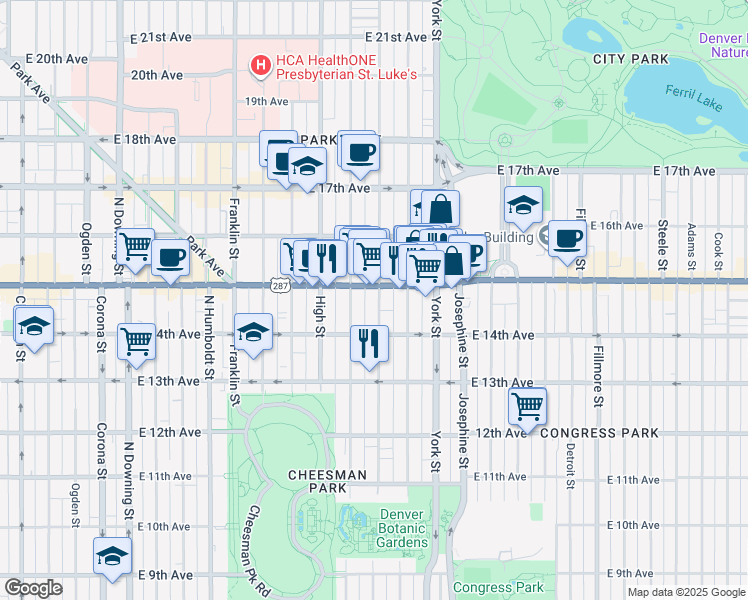 map of restaurants, bars, coffee shops, grocery stores, and more near 1455 Vine Street in Denver