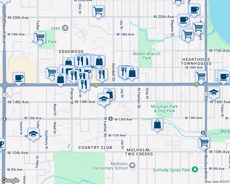 map of restaurants, bars, coffee shops, grocery stores, and more near 1450 Kendall Street in Denver