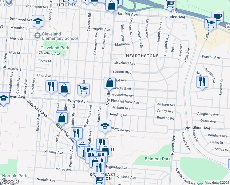 map of restaurants, bars, coffee shops, grocery stores, and more near 4021 Woodcliffe Avenue in Dayton