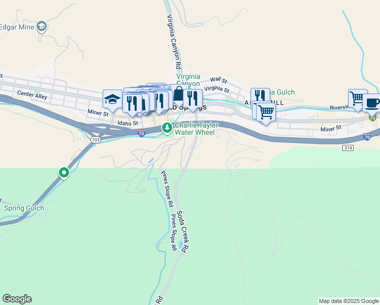 map of restaurants, bars, coffee shops, grocery stores, and more near 307 1/2 Soda Creek Road in Idaho Springs