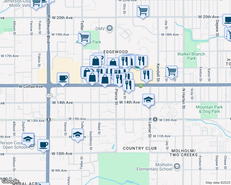 map of restaurants, bars, coffee shops, grocery stores, and more near 1463 Pierce Street in Denver