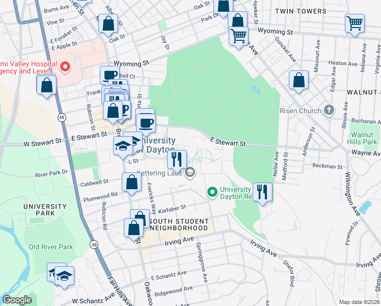 map of restaurants, bars, coffee shops, grocery stores, and more near 300 College Park in Dayton