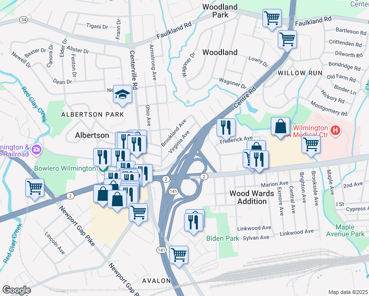 map of restaurants, bars, coffee shops, grocery stores, and more near 2823 Delaware 41 in Wilmington