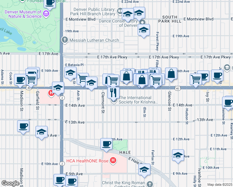map of restaurants, bars, coffee shops, grocery stores, and more near 1465 Dexter Street in Denver