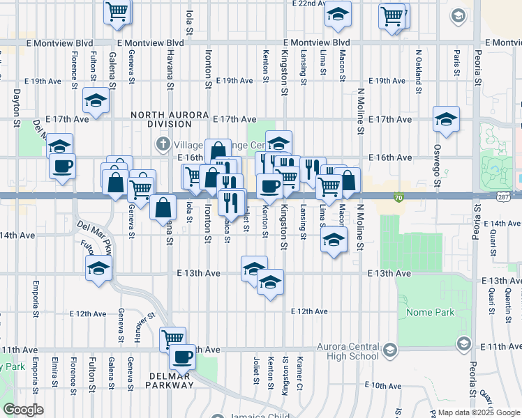 map of restaurants, bars, coffee shops, grocery stores, and more near 1457 Kenton Street in Aurora