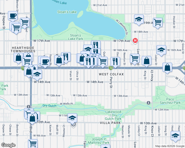 map of restaurants, bars, coffee shops, grocery stores, and more near 1451 Raleigh Street in Denver