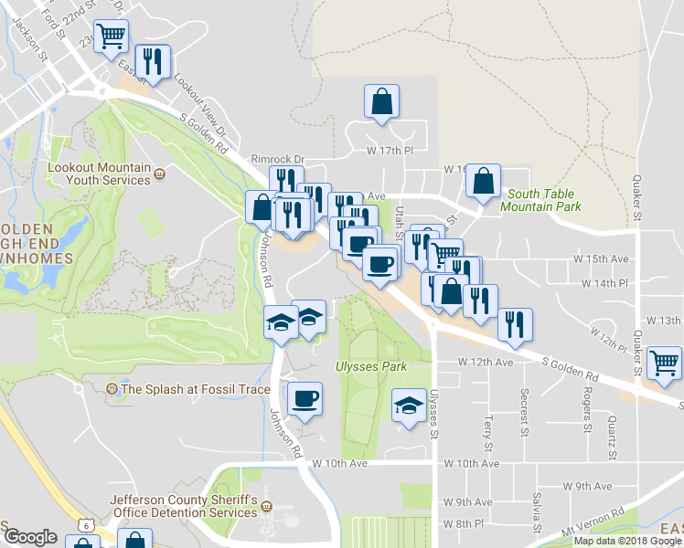 map of restaurants, bars, coffee shops, grocery stores, and more near 17300 South Golden Road in Golden
