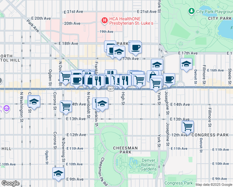 map of restaurants, bars, coffee shops, grocery stores, and more near in Denver
