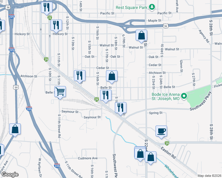 map of restaurants, bars, coffee shops, grocery stores, and more near 1722 Belle Street in Saint Joseph