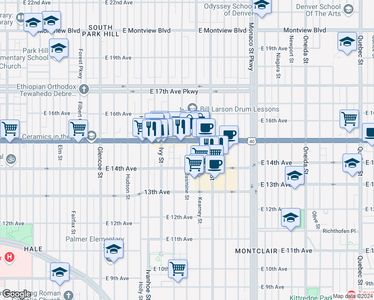 map of restaurants, bars, coffee shops, grocery stores, and more near 1455 Jasmine Street in Denver