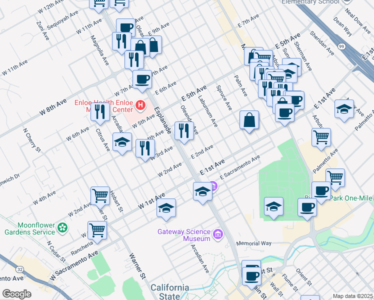 map of restaurants, bars, coffee shops, grocery stores, and more near 1230 Esplanade in Chico