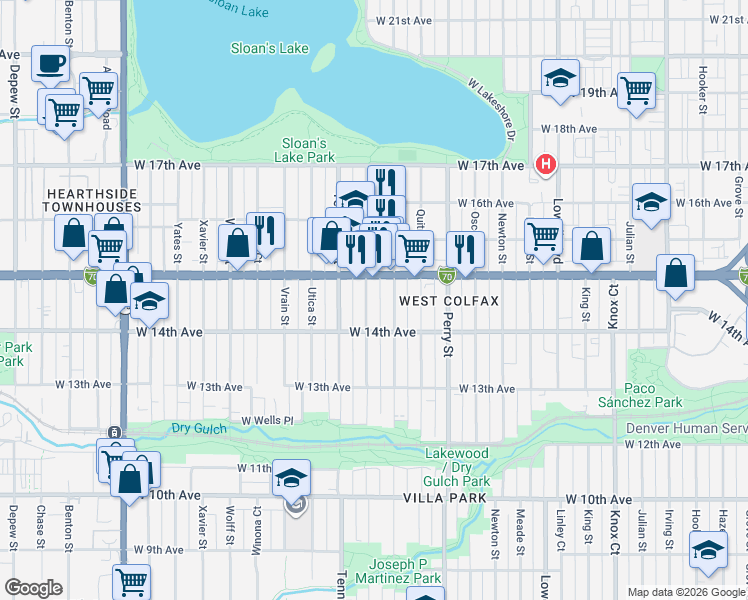 map of restaurants, bars, coffee shops, grocery stores, and more near 1451 Raleigh Street in Denver