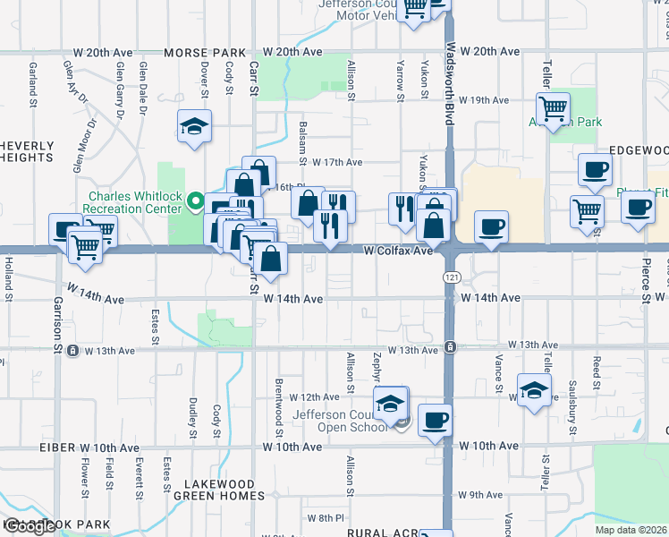 map of restaurants, bars, coffee shops, grocery stores, and more near 1480 Ammons Street in Lakewood