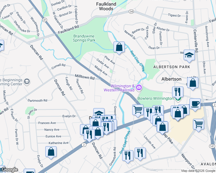 map of restaurants, bars, coffee shops, grocery stores, and more near 2404 Newport Gap Pike in Wilmington