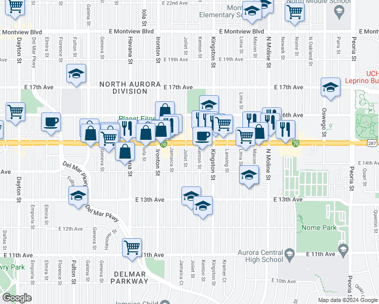 map of restaurants, bars, coffee shops, grocery stores, and more near 1494 Joliet Street in Aurora