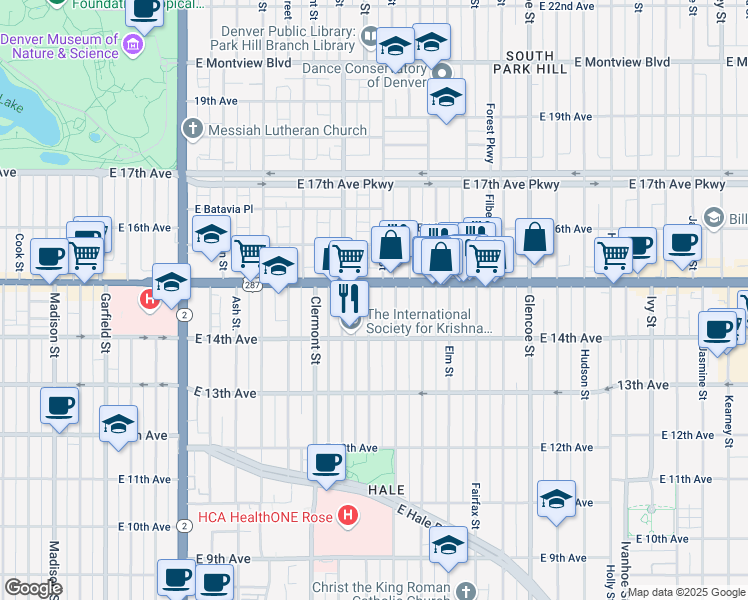 map of restaurants, bars, coffee shops, grocery stores, and more near 1474 Dexter Street in Denver