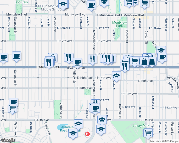 map of restaurants, bars, coffee shops, grocery stores, and more near 1474 Xenia Street in Denver