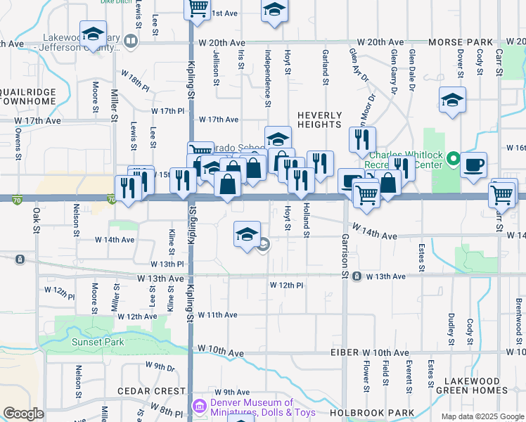 map of restaurants, bars, coffee shops, grocery stores, and more near 9600 West Colfax Avenue in Lakewood