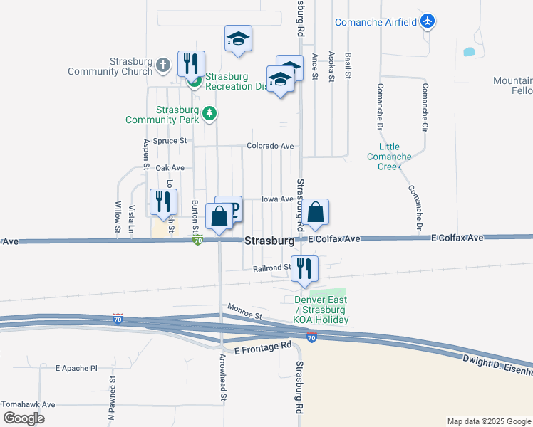 map of restaurants, bars, coffee shops, grocery stores, and more near 1552 Main Street in Strasburg