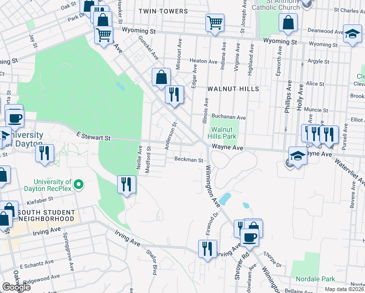 map of restaurants, bars, coffee shops, grocery stores, and more near 1000 East Stewart Street in Dayton