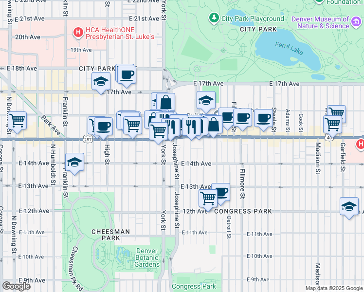 map of restaurants, bars, coffee shops, grocery stores, and more near 2424 East Colfax Avenue in Denver