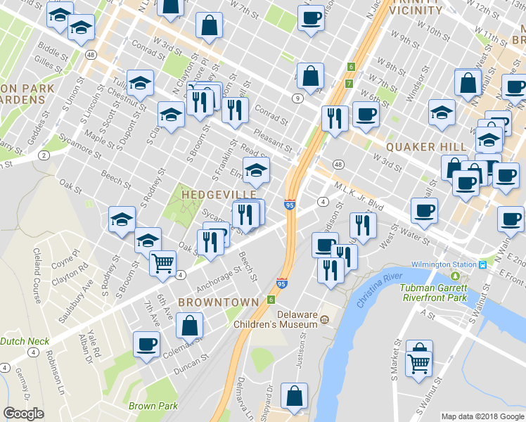 map of restaurants, bars, coffee shops, grocery stores, and more near 407 South Jackson Street in Wilmington