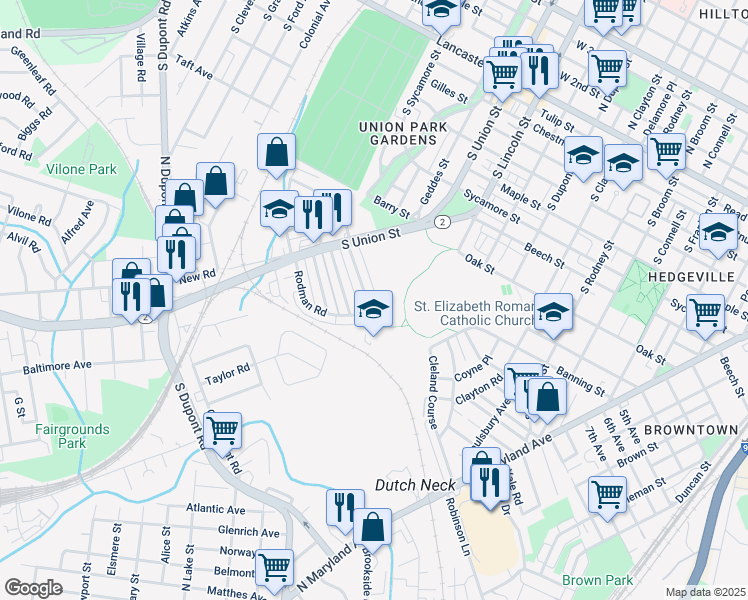 map of restaurants, bars, coffee shops, grocery stores, and more near 1911 Prospect Road in Wilmington