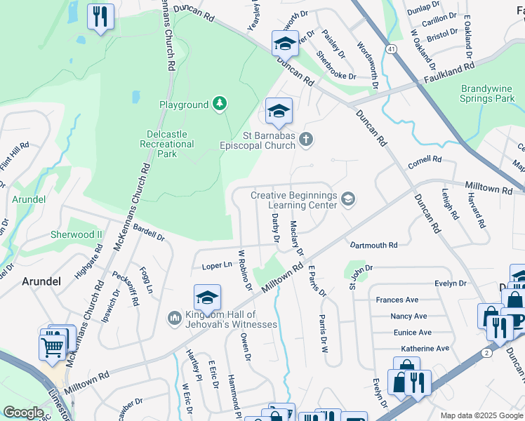 map of restaurants, bars, coffee shops, grocery stores, and more near 2629 Sherwood Drive in Wilmington