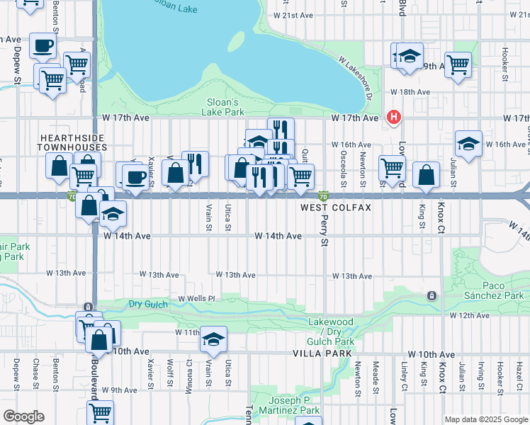 map of restaurants, bars, coffee shops, grocery stores, and more near 1445 Stuart Street in Denver