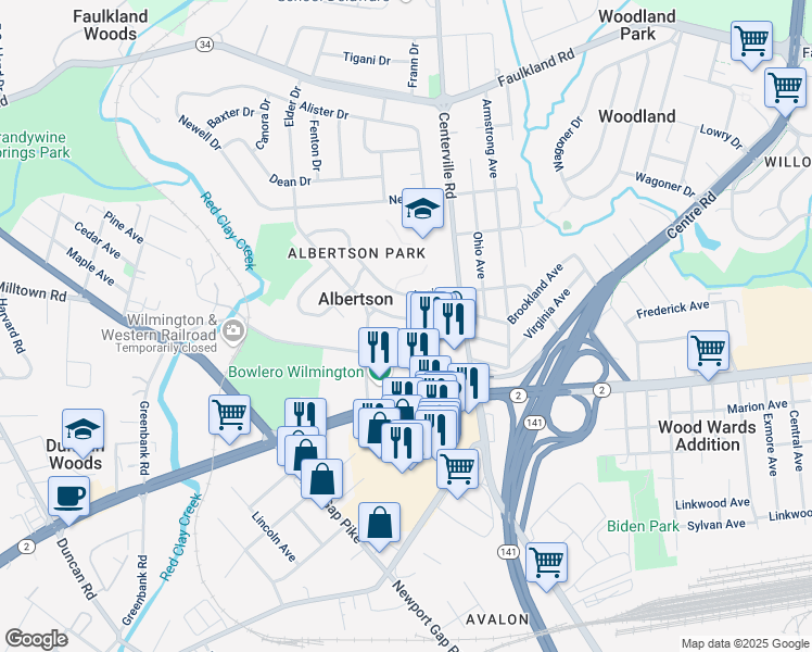 map of restaurants, bars, coffee shops, grocery stores, and more near 2119 Elder Drive in Wilmington