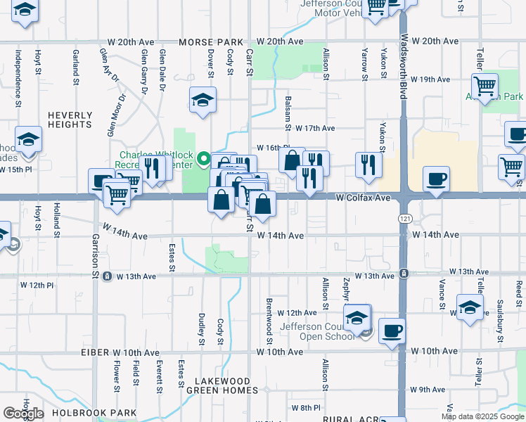 map of restaurants, bars, coffee shops, grocery stores, and more near 1475 Brentwood Street in Lakewood