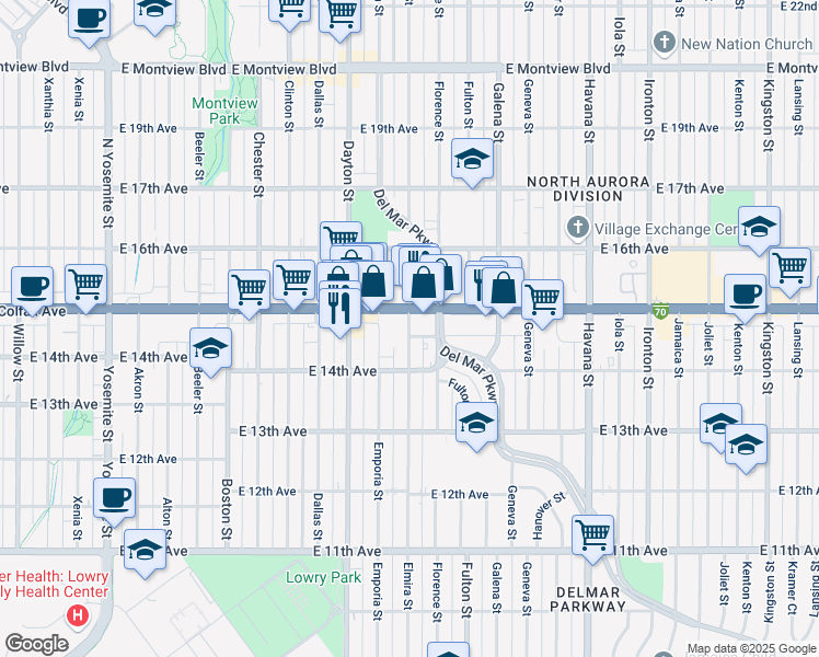 map of restaurants, bars, coffee shops, grocery stores, and more near 1472 Elmira Street in Aurora