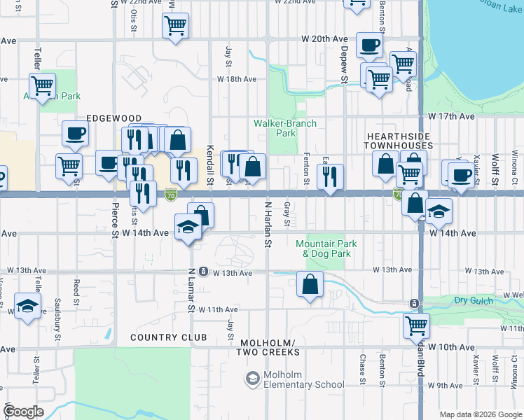map of restaurants, bars, coffee shops, grocery stores, and more near 1435 North Harlan Street in Lakewood