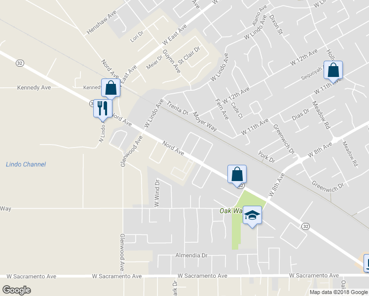 map of restaurants, bars, coffee shops, grocery stores, and more near 2180 Nord Avenue in Chico
