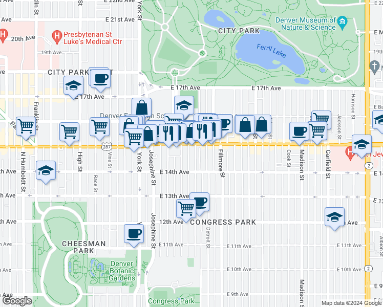 map of restaurants, bars, coffee shops, grocery stores, and more near 1465 Clayton Street in Denver