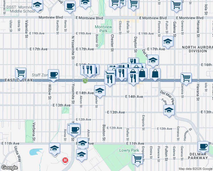 map of restaurants, bars, coffee shops, grocery stores, and more near 1478 Boston Street in Aurora