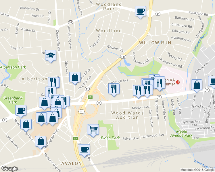 map of restaurants, bars, coffee shops, grocery stores, and more near 38 North Woodward Avenue in Wilmington