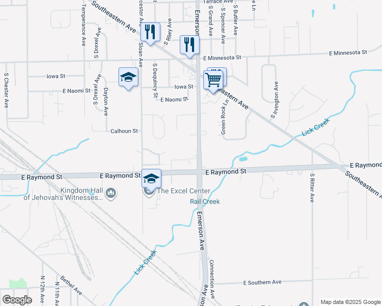 map of restaurants, bars, coffee shops, grocery stores, and more near 2118 South Emerson Avenue in Indianapolis
