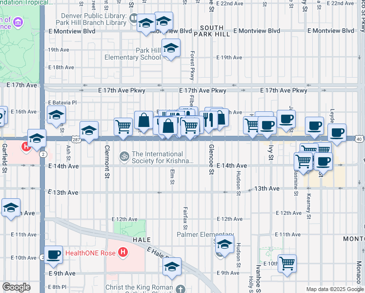map of restaurants, bars, coffee shops, grocery stores, and more near 1471 Fairfax Street in Denver