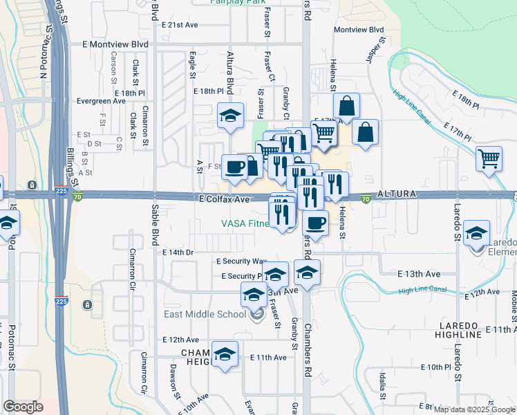 map of restaurants, bars, coffee shops, grocery stores, and more near 15070-15200 E Colfax Ave in Aurora