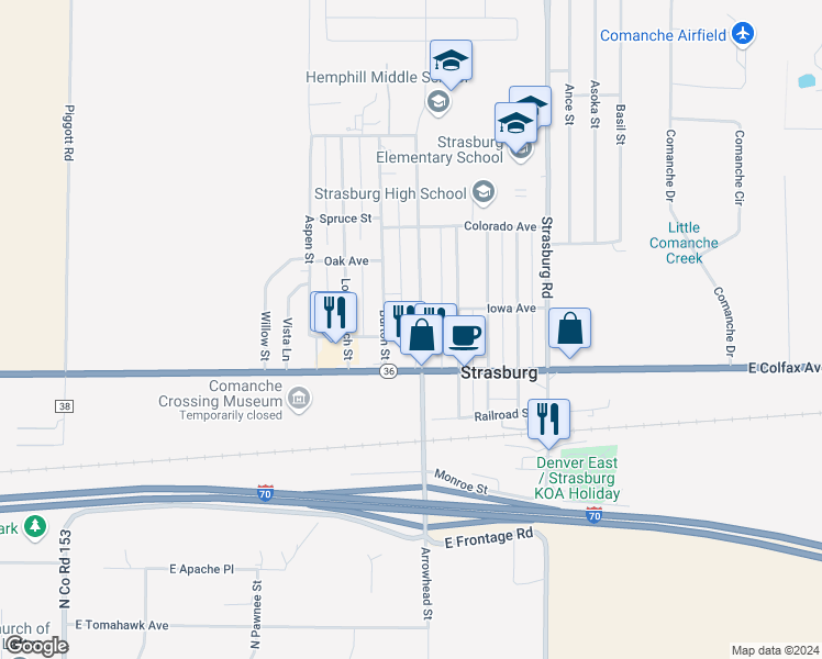 map of restaurants, bars, coffee shops, grocery stores, and more near 56473 Westview Avenue in Strasburg