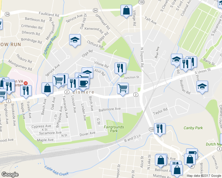 map of restaurants, bars, coffee shops, grocery stores, and more near 702 New Road in Wilmington