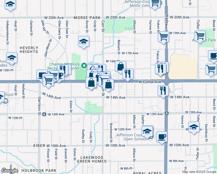 map of restaurants, bars, coffee shops, grocery stores, and more near 1475 Brentwood Street in Lakewood